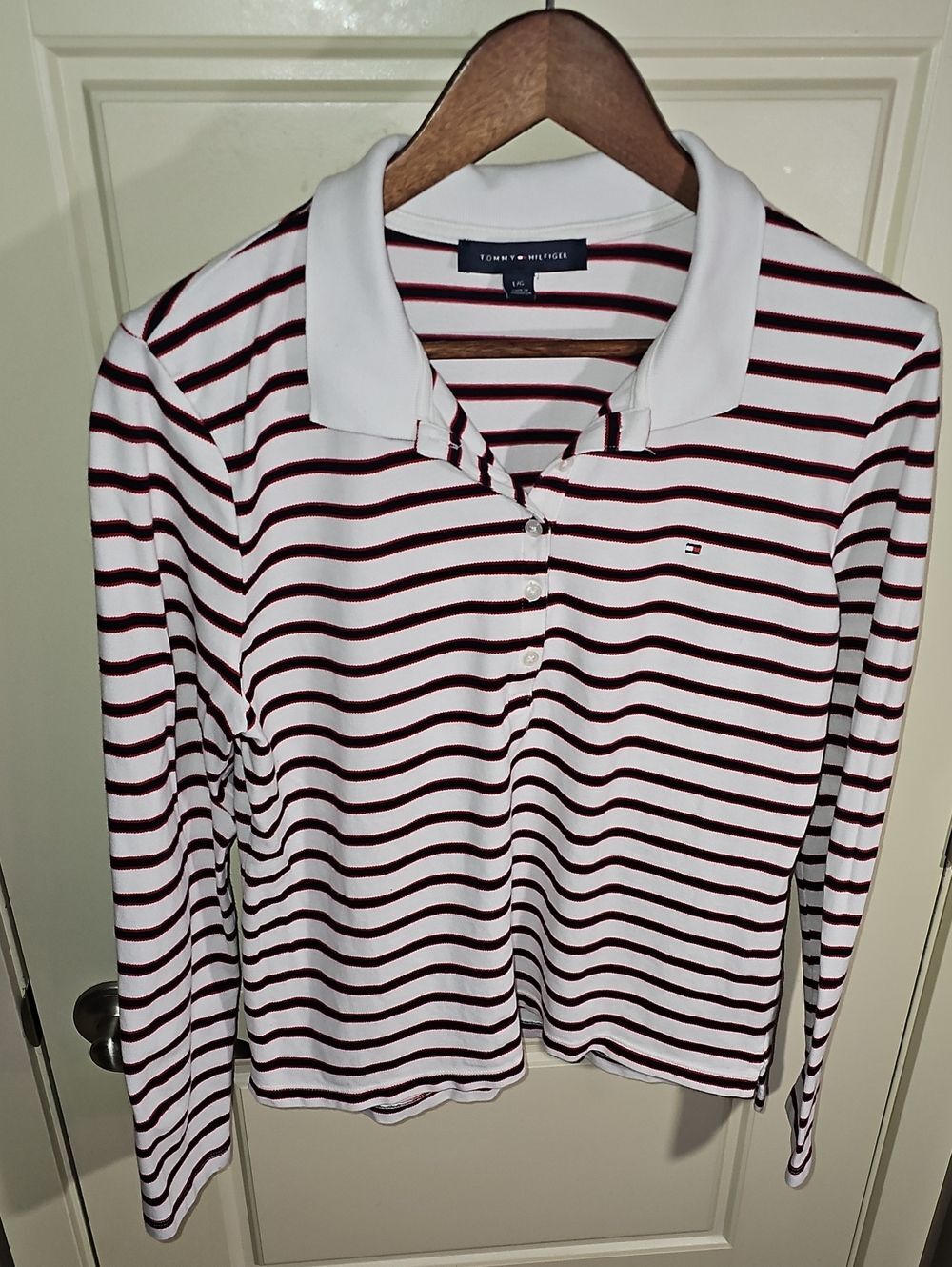 Tommy Hilfiger White and Burgundy Striped Long-Sleeve Polo